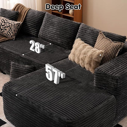 ovios 104" Cloud Boneless Couch with L-Shape Chaise,Modern Sectional Modular Sofa with Deep Seat, Upholstered Couches for Living Room Bedroom,No Assembly Required, Grey (Plush Corduroy Fabric)