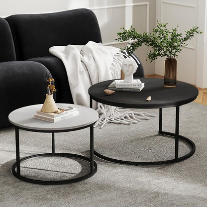 Otterease Nesting Tables Set of 2, 31.5" Round Coffee Table, Small Nesting Coffee Table with Adjustable Non-Slip Fee, Wood Grain Top Nesting Tables for Living Room, Bedroom (Wood Grain Black&White)