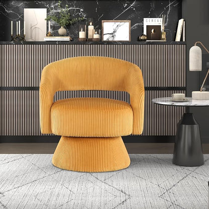 Lexicon 360 Degree Swivel Accent Chair, Modern Comfy Corduroy Round Barrel Chair, Open Back, Plush Foam Cushions, Metal Swivel Base for Living Room/Bedroom/Office/Small Spaces, Yellow