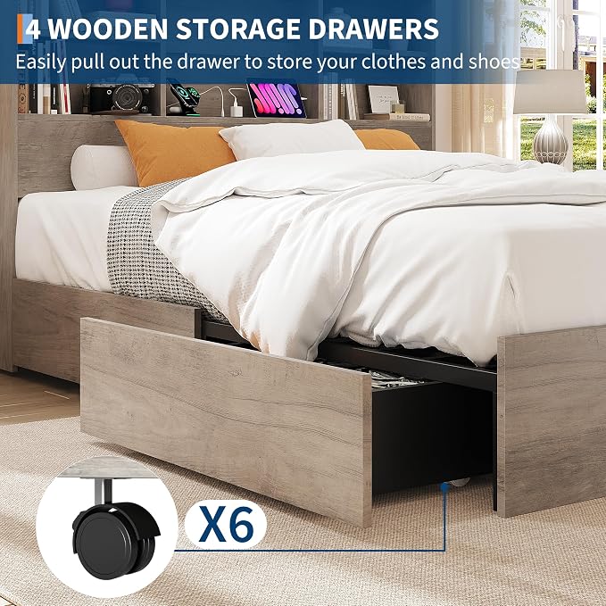 GarveeHome Full Size Bed Frame with High Storage Bookcase Headboard, Wood Bed Frame with 4 Storage Drawers, Built in Charging Station, No Box Spring Needed, Metal Frame, Noise-Free, Grey