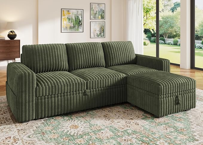 HONBAY Modular Sectional Sofa with Pull Out Bed,Corduroy L Shaped Sleeper Sofa with Storage, Sectional Couches for Living Room,Green