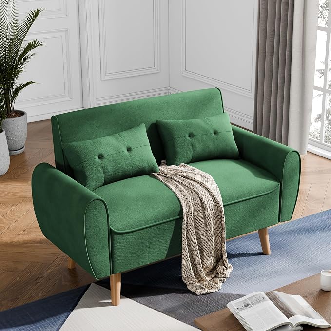 JAMFLY 47'' Small Loveseat Sofa, 2 Seat Compact Couch with Tapered Legs, Green Upholstered Furniture, Solid Wood Frame, Comfy Foam Cushion, Easy Assembly for Small Spaces