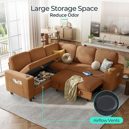 LINSY HOME Sectional Sleeper Sofa with Pull Out Couch Bed - Convertible Plush Corduroy Cloud Couch with Storage Chaise & USB Charging, Comfy L Shaped Modular Couches for Living Room Apartment, Brown