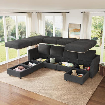 HONBAY Modular Sofa U Shaped Sectional Couch with Storage, Convertible Modular Sofa 7 Seats Sectional for Living Room - Snowflake Velvet Grey