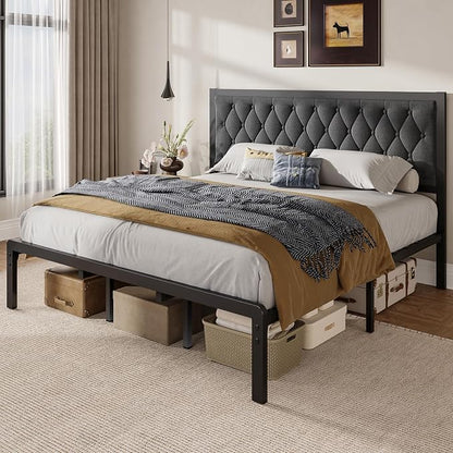Fluest King Bed Frame with Headboard Linen Upholstered Bed Frame Platform,All Metal Slats Support Platform Bed Frame with Storage Space,Easy Assembly,Noise Free,No Box Spring Needed,Grey