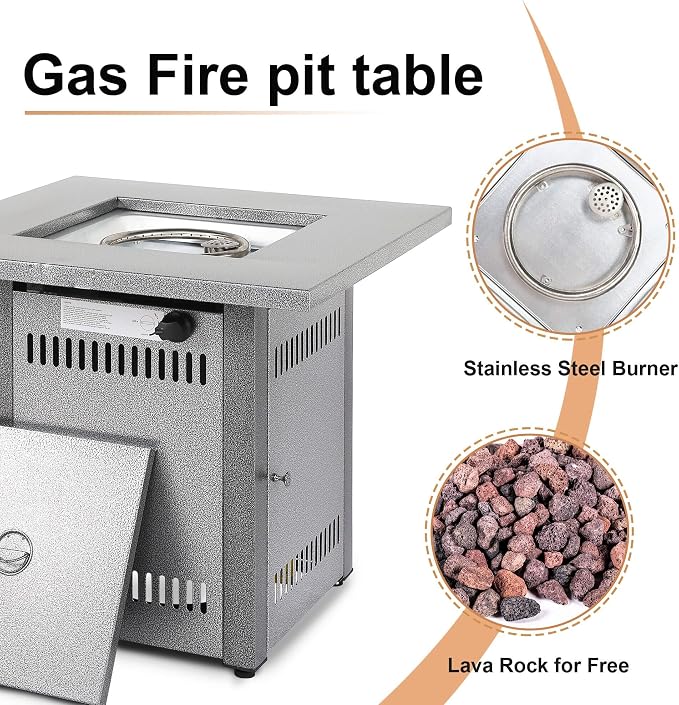 Hexago 28 Inch Propane Fire Pit Table, Gas Square Outdoor Fire Table Dinning with Lid, Lava Stone, 50000BTU, ETL Certification, for Outside Garden Backyard Deck Patio, Silver