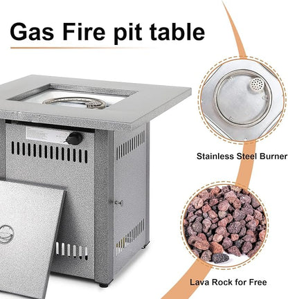 Hexago 28 Inch Propane Fire Pit Table, Gas Square Outdoor Fire Table Dinning with Lid, Lava Stone, 50000BTU, ETL Certification, for Outside Garden Backyard Deck Patio, Silver