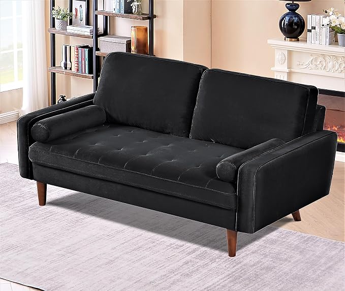 Container Furniture Direct Velvet Tufted Sofas for Living Room, Classic Mid-Century Style with Modern Silhouette, Button Tufting and Wood Legs, Includes 2 Bolster Pillows, Loveseat, Black