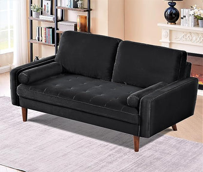 Container Furniture Direct Velvet Tufted Sofas for Living Room, Classic Mid-Century Style with Modern Silhouette, Button Tufting and Wood Legs, Includes 2 Bolster Pillows, Loveseat, Black