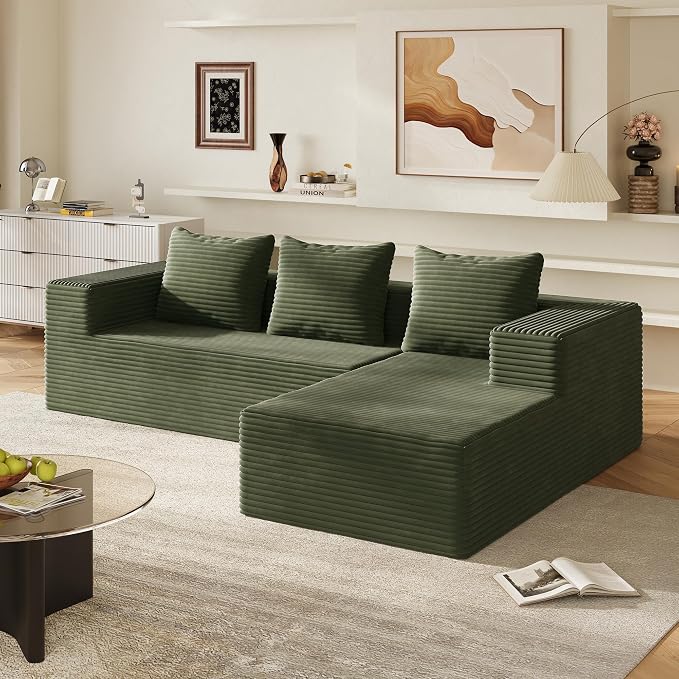 WLIVE 104'' Cloud Sectional Couches for Living Room, Modular Boneless Couch with Left Facing Chaise, L Shape Memory Foam Corduroy, with Cushion, Green