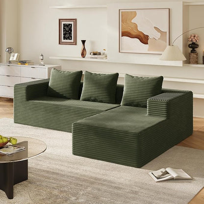 WLIVE 104'' Cloud Sectional Couches for Living Room, Modular Boneless Couch with Left Facing Chaise, L Shape Memory Foam Corduroy, with Cushion, Green
