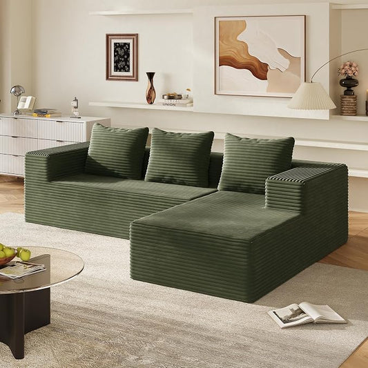 WLIVE 104'' Cloud Sectional Couches for Living Room, Modular Boneless Couch with Left Facing Chaise, L Shape Memory Foam Corduroy, with Cushion, Green