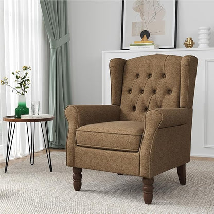 Wingback Accent Chair, High Back Arm Chair for Living Room, Button-Tufted Upholstered Fabric Armchair with Solid Wood Legs, Comfy Single Sofa Reading Chair for Bedroom, Brown