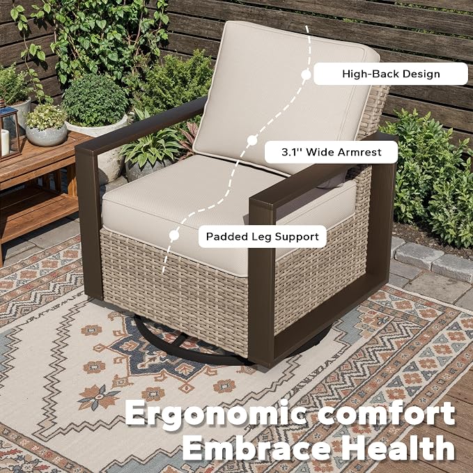 Outdoor Patio Swivel Rocker Chairs, 5 Pieces Wicker Furniture Set, 2 Swivel Rocking Chairs, 2 Ottoman and 1 Table, Metal Wide Armrest, Thick Cushions and Deep Seating for Garden, Backyard, Porch, Deck