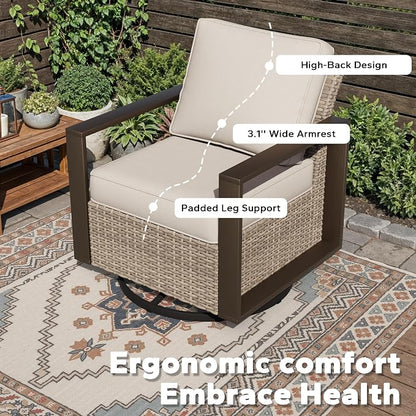 Outdoor Patio Swivel Rocker Chairs, 8 Pieces Wicker Furniture Set, 4 Swivel Rocking Chairs, 1 Sofa, 2 Ottoman and 1 Table, Wide Armrest, Thick Cushions and Deep Seating for Garden, Backyard, Porch