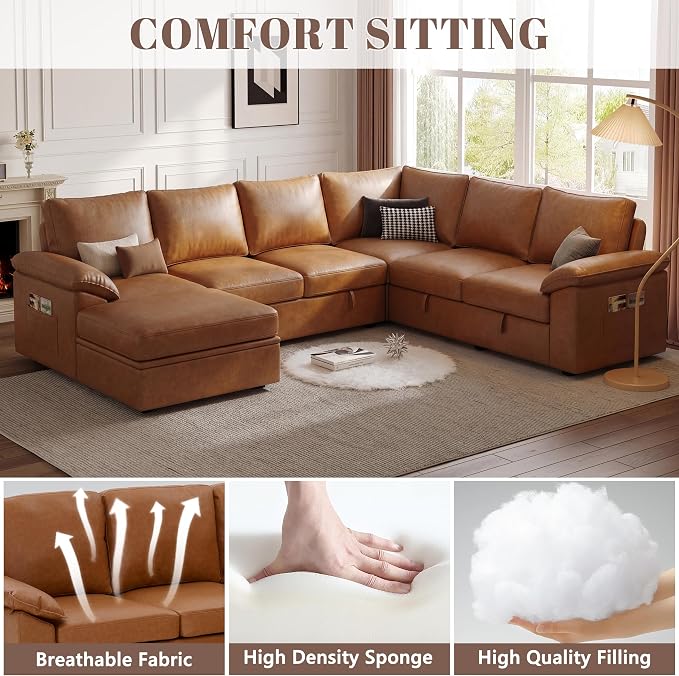 108 Inch Faux Leather Modular Sectional Sofa with Pull Out Bed,U Shaped 7 Seat Sectional Sleeper Sofa with Storage,Sectional Couches for Living Room,Cloud Modular Couch,Brown Leather