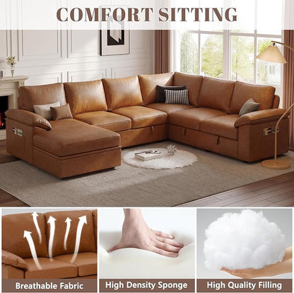 108 Inch Faux Leather Modular Sectional Sofa with Pull Out Bed,U Shaped 7 Seat Sectional Sleeper Sofa with Storage,Sectional Couches for Living Room,Cloud Modular Couch,Brown Leather
