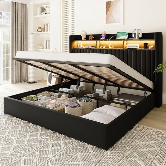 Allewie King Size Lift Up Hydraulic Storage Bed Frame, 2-Tier Shelf Headboard with LED Lights and Charging Station, USB and Type C Ports, Wingback Velvet Headboard, No Box Spring Needed, Black