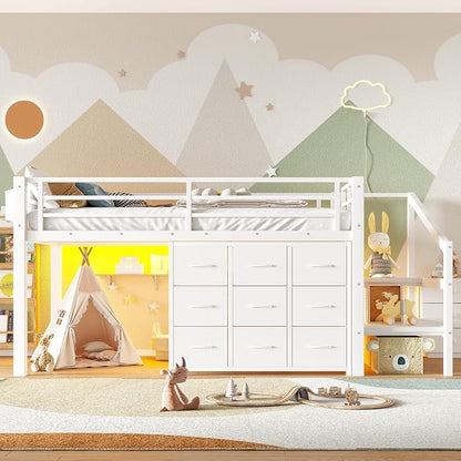 Bellemave Low Loft Bed Twin Size with Storage Stairs and Drawers, Metal Twin Loft Bed for Kids with LED Lights and Shelves, Low Profile Loft Bed Frame for Small Rooms, No Box Spring Needed, White