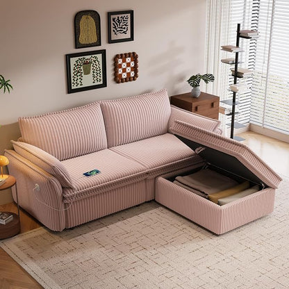85'' Sofa Bed Full Size, Tool-Free Assembly, 3 in 1 Convertable Sleeper Sofa, Corduroy Couches with Pull Out Bed, USB & Storage, Modern Loveseat for Small Space, Living Room, Corduroy Pink