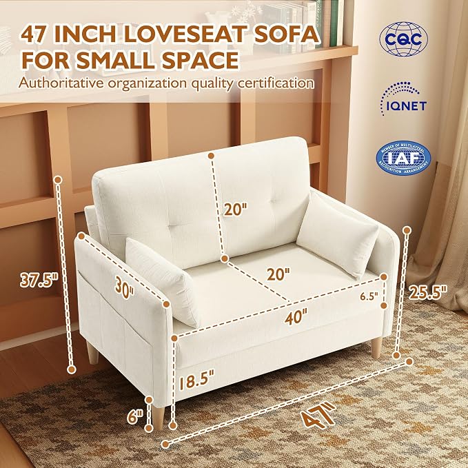 Urhanherry 47" Small Sofa Couch, Soft Chenille loveseat Mini Couch with Throw Pillow and Removable Cushion Cover for Small Spaces, Bedroom, Apartment, Dorm, Office, Living Room(Beige)