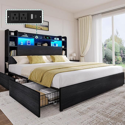 DWVO King Size Bed Frame with Bookcase Headboard and 4 Storage Drawers, RGB LED Bed Frame with Type-C & USB Charging Station Storage Headboard Beds, No Box Spring Needed, Noise Free, Black