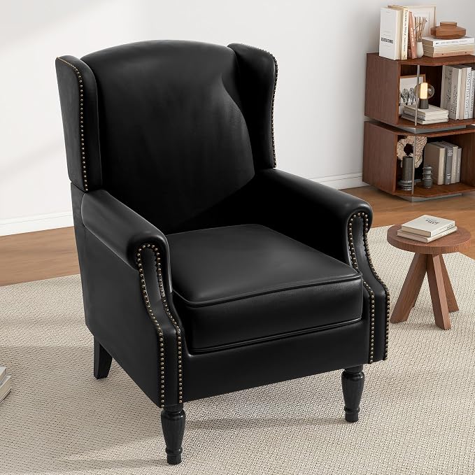 High Back Accent Chair, Faux Leather Wingback Chair Upholstered Armchair for Living Room - Black