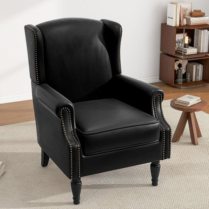 High Back Accent Chair, Faux Leather Wingback Chair Upholstered Armchair for Living Room - Black