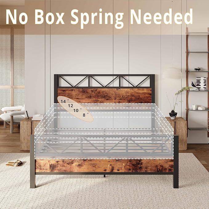 LIKIMIO Queen Bed Frame, Tall Industrial Headboard 51.2 ", Platform Bed Frame with Strong Metal Support, Solid and Stable, Noise Free, No Box Spring Needed, Easy Assembly, Vintage Brown