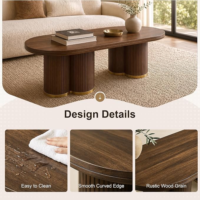 YOSHOOT Oval Fluted Coffee Tables for Living Room, 47" Wood Coffee Table | Modern Coffee Table for Living Room Home Office, Farmhouse Center Table, Walnut