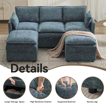 80" Cloud Modular 3 Seater Sofa with 2 Storage Ottoman, Modern Upholstered Storage Sofa Couch Deep Seat, U Shape Sectional Sofa Chenille Comfy Couch with Armrests for Living Room, Small Space, Blue