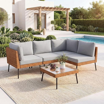 Aoxun 5-Piece Patio Furniture Set, Wicker Outdoor Furniture with Water Resistant Thick Cushions, Patio Conversation Set Outdoor Sectional Sofa with Coffee Table for Backyard Poolside, Light Grey