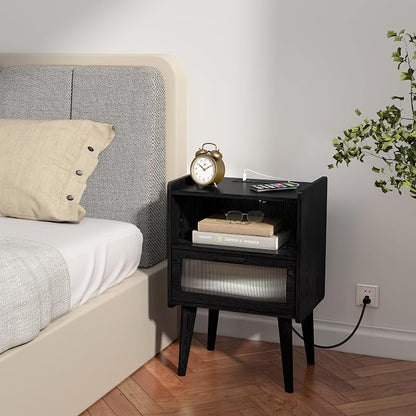 MMEOLUOOK Nightstand with Charging Station, Bedside Tables with Glass Decorative Door, Black Wood Grain End Table, Side Table with 2 Tiers Storage Space for Bedroom Living Room CAMLBZ07XE