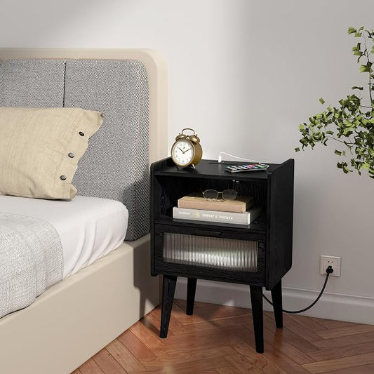 MMEOLUOOK Nightstand with Charging Station, Bedside Tables with Glass Decorative Door, Black Wood Grain End Table, Side Table with 2 Tiers Storage Space for Bedroom Living Room CAMLBZ07XE