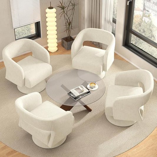 Luxanimarion Swivel Barrel Accent Chair,Oversized Chenille Upholstered Round Swivel Chair,Modern Luxury 360 Degree Living Room Vanity Chair for Bedroom Office,Beige Chenille,4PCS