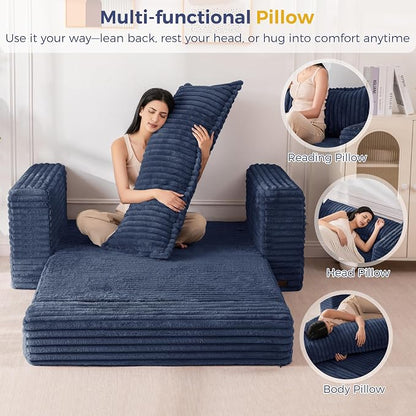 MAXYOYO Convertible Sofa Bed, 2 in 1 Folding Couch Bed for Small Space, Pull Out Loveseat Sofa Couch with Large Back Pillow, Plush Faux Fabric Lounge Couch for Living Room, Apartment, Navy