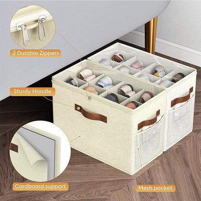 Budding Joy 2 Pack Shoe Organizer for Closet, Clear Foldable Shoe Storage Containers Adjustable Dividers Fits 16 Pairs,Shoe Storage Bins Baskets Boxes with Reinforced Handles Beige Yellow Beige | Farbic shoe storage organizer box bin with clear cover, ...