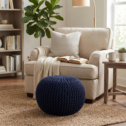 BIRDROCK HOME Round Pouf Ottoman Foot Rest - 18.5”x18.5”x15” Boho Compact Comfortable Soft Cotton Braided Foot Stool with Bean Bag Filling for Living Room, Bedroom, or Nursery (Navy)