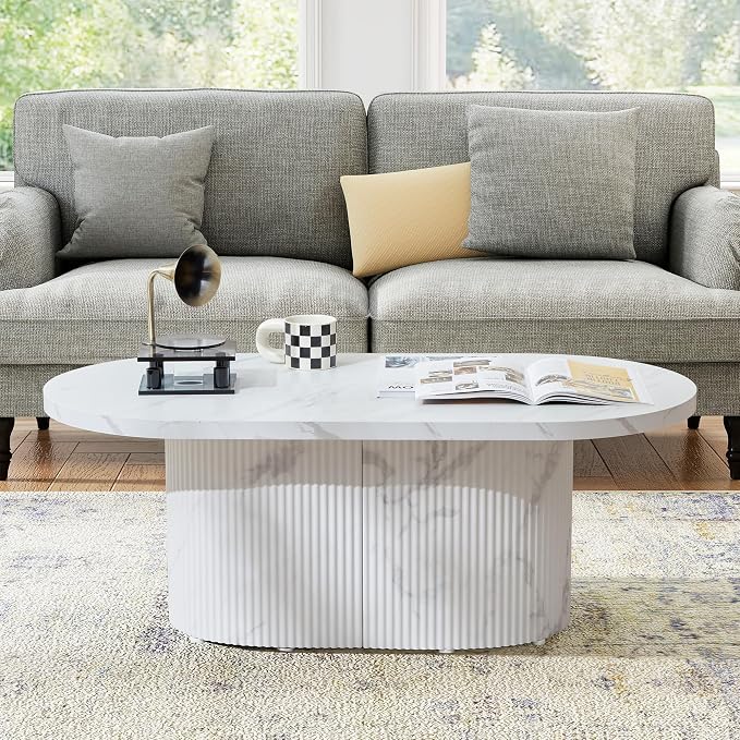 Oval Coffee Table, Modern Faux Marble Wood Coffee Table, Small Fluted Center Tea Table for Living Room,White