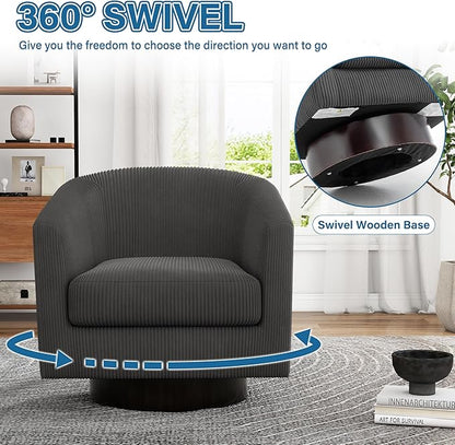 Swivel Accent Chairs Set of 2, Corduroy Barrel Club Chair Upholstered Armchair for Living Room, Round Arm Chair Bedroom Single Sofa Reading Seat - Gray