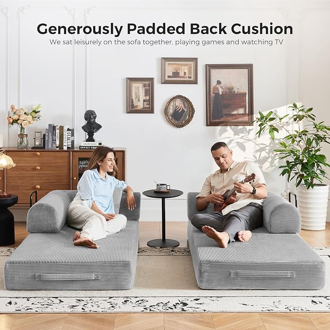 79" 5-in-1 Convertible Sofa Bed No Assembly, Boneless Couch Bed with High Density Foam, Foldable Sleeper Sofa, Corduroy Modular Couch for Apartment, Studio, Dorm Room, Small Space, Light Grey