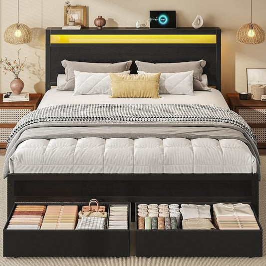 HISOFT Queen Bed Frame with Storage, Wood Headboard with Fast Charging Station, LED Lights, Platform Bed Frame Queen Size, Fabric Drawers with Wheels, No Box Spring Needed, Noise Free, Black