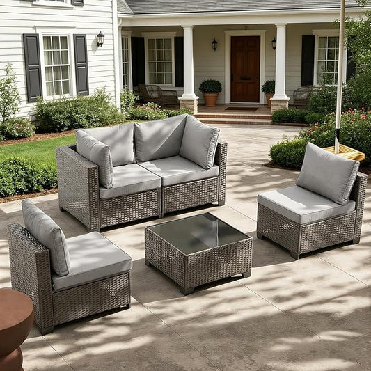MOCHITO 5 Pieces Outdoor Patio Furniture Sets, All-Weather Sectional Sofa Dark Brown PE Rattan Wicker Conversation Set with Glass Table and Washable Grey Cushions for Backyard,Sunroom,Garden,Porch
