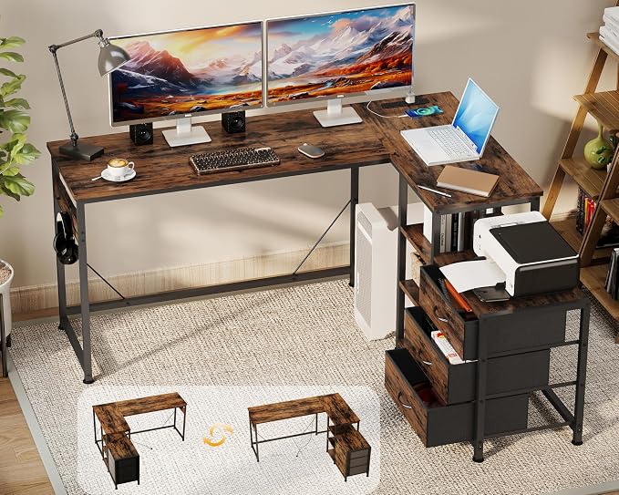 YOSHOOT 55" L Shaped Computer Desk with 3 Fabric Drawers, Gaming Desk | Office Desk with Power Outlets & Open Shelves, Corner Desk L Shape for Home Office Work Study, Rustic Brown