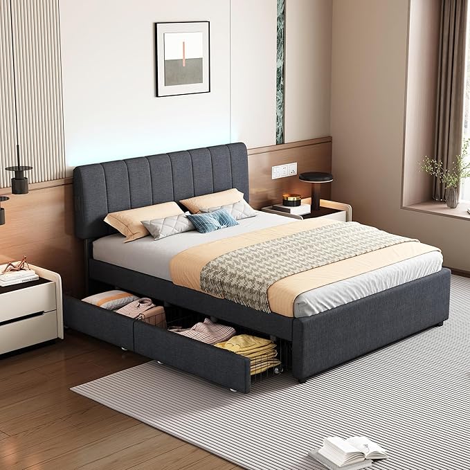 Full Size Upholstered Platform Bed w/Trundle Bed & 2 Storage Drawers | Twin Size Trundle,Two Drawers,LED Lighting Controlled by APP, USB+Type-C Charging Ports,Linen Upholstered Bed Frame,Dark Grey