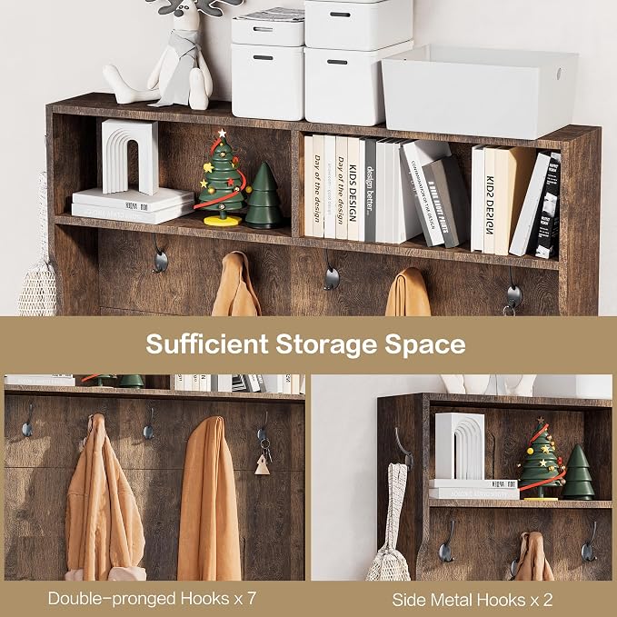 71" Hall Tree with Bench and Shoe Storage, Entryway Hall Tree with 2 Doors and 6 Adjustable Shelves, Cushioned Storage Bench with Coat Rack for Hallway, Living Room, Mudroom