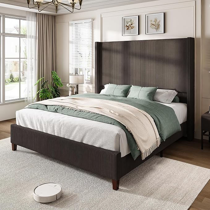 AMERLIFE King Size 62" Corduroy Upholstered Bed Frame, Luxurious Platform Bed with Extra Tall Wingback Headboard and Vertical Stripe, No Box Spring Needed/Solid Wood Slats & Legs/Chestnut