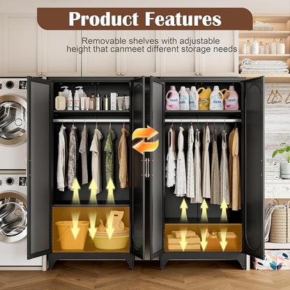 SteeLoong Metal Wardrobe Cabinet with Hanging Rod, 71" Tall Armoire Wardrobe Closet with Mirror Doors and Adjustable Shelves, Black Clothing Storage Cabinets for Bedroom, Laundry Room,Office