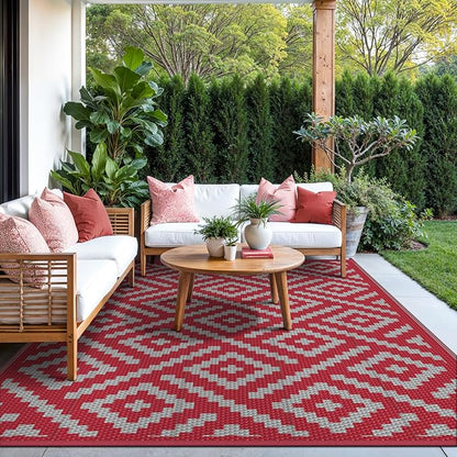 GENIMO Outdoor Rug for Patio Clearance, 8'x10' Reversible Plastic Straw Rugs, Lightweight Waterproof RV Camping Mat for Camper, Balcony, Deck, Backyard, Picnic, Red Grey
