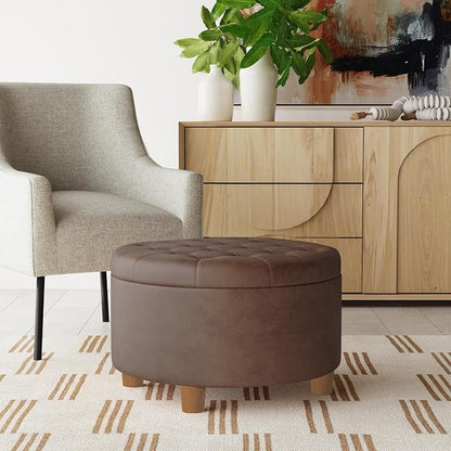 HomePop 28" Button Round Storage Ottoman - Brown Faux Leather